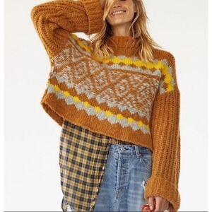 Free People Cinnamon Toast Combo Sweater Medium Knit Fair Isle‎ Mock Neck NWT